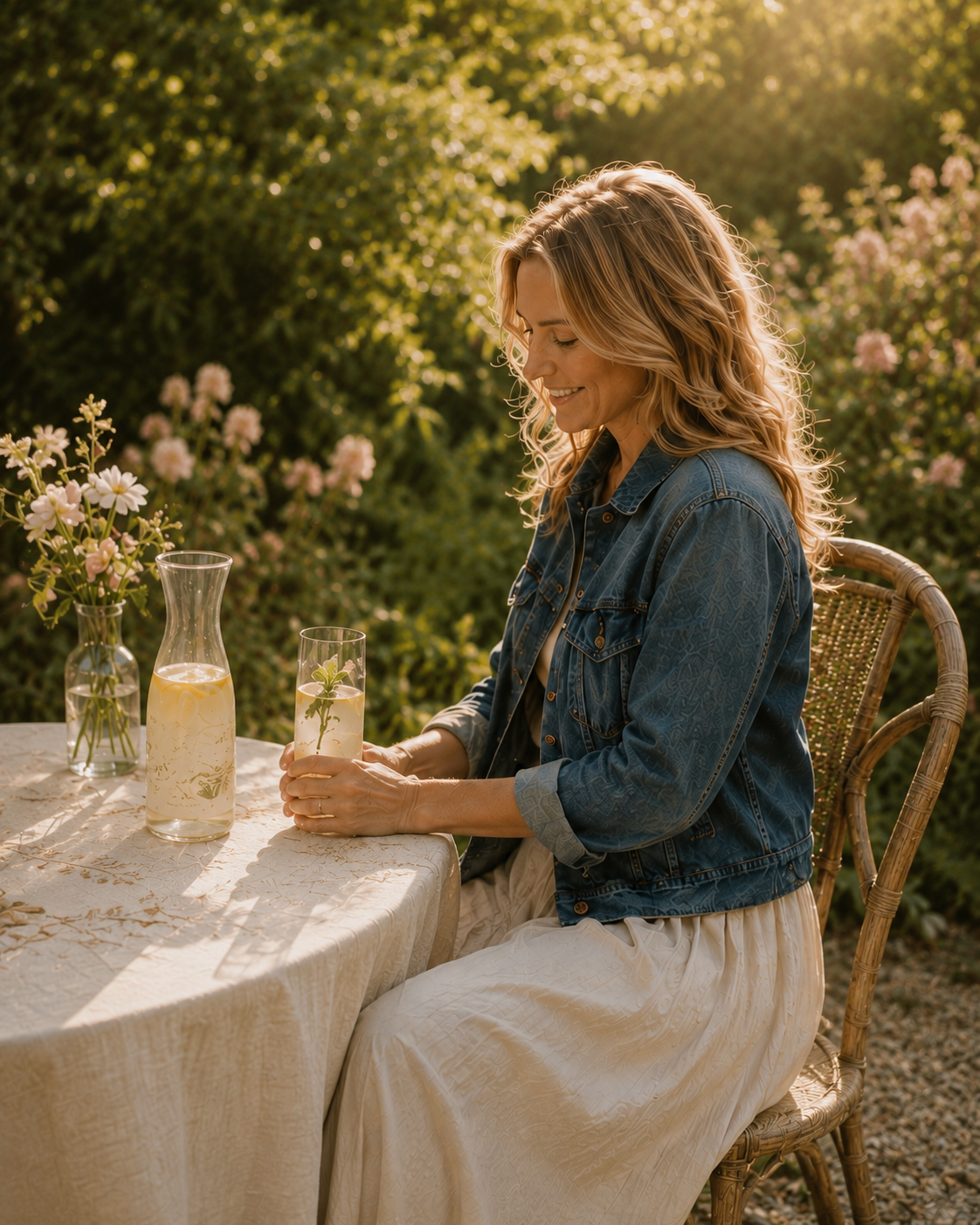 Blonde vrouw in denim jasje en witte rok in een zonnige tuin, stijlvolle tweedehands dameskleding van Toivo met Vinted uitstraling.