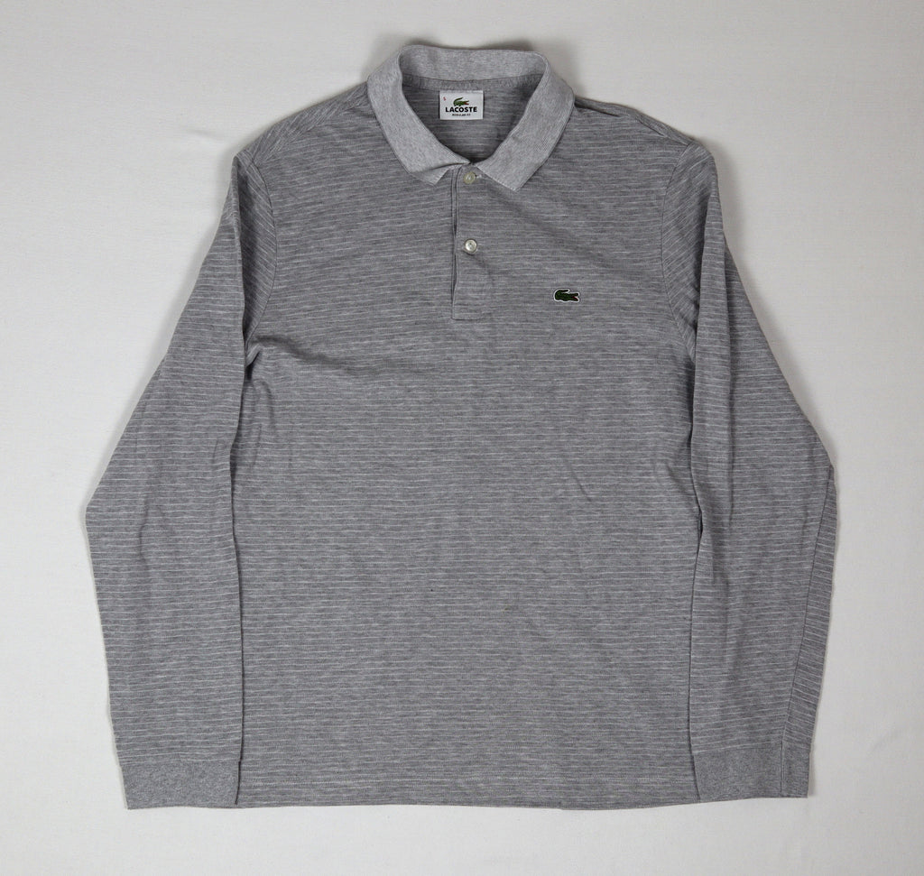 Lacoste grijs gestreepte heren polo maat 5 met lange mouwen volledig van voren