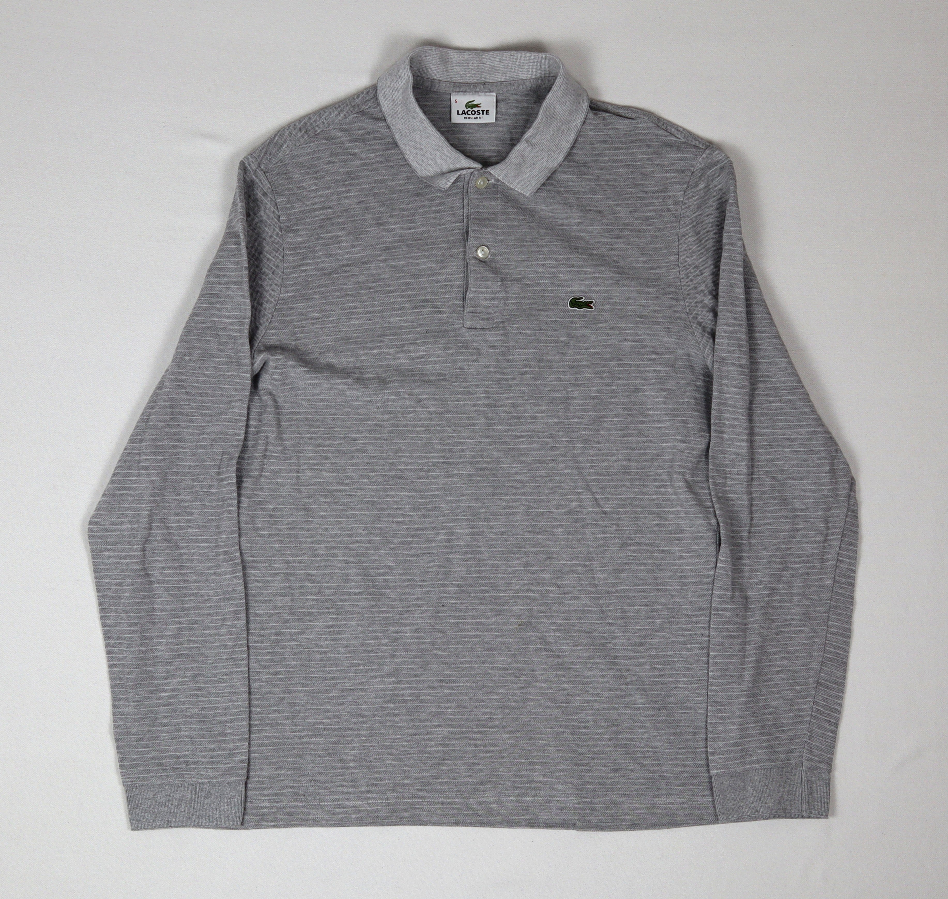Lacoste grijs gestreepte heren polo maat 5 met lange mouwen volledig van voren