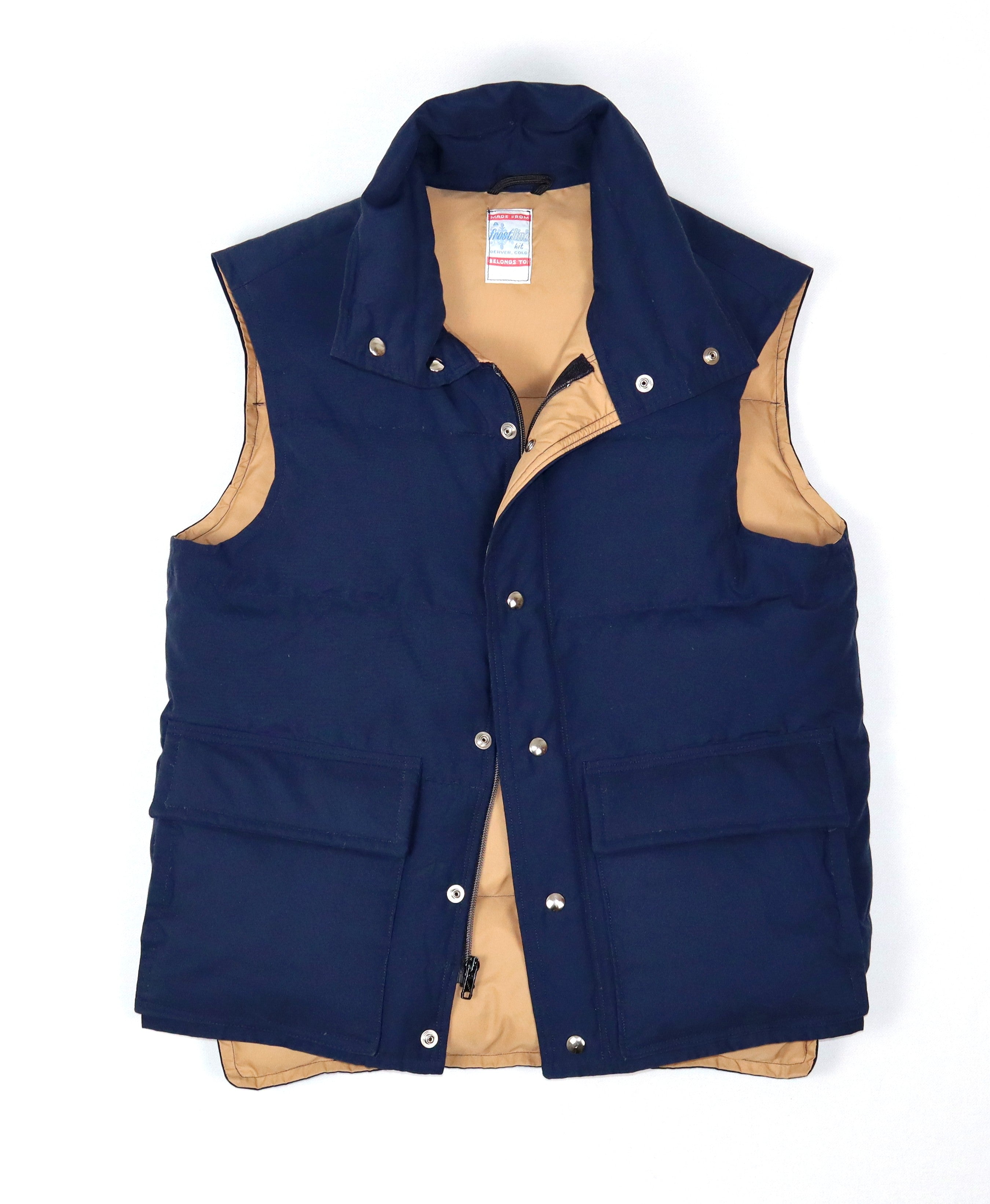 Vintage Frostline Kit donkerblauwe bodywarmer met beige binnenzijde volledig van voren