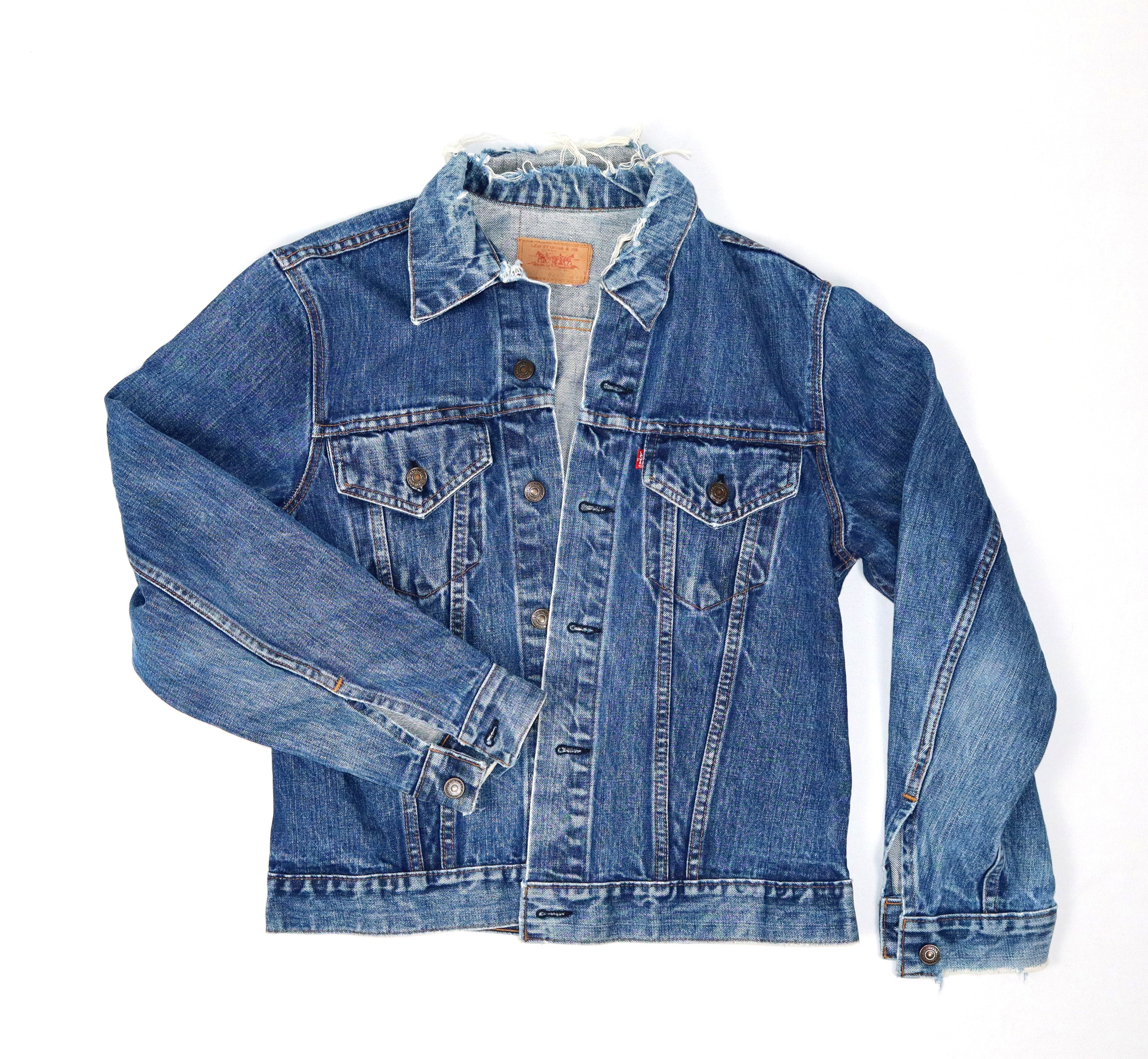 vintage Levi's Type III Trucker spijkerjas uit de jaren '70 met afgeknipte gerafelde kraag volledig van voren