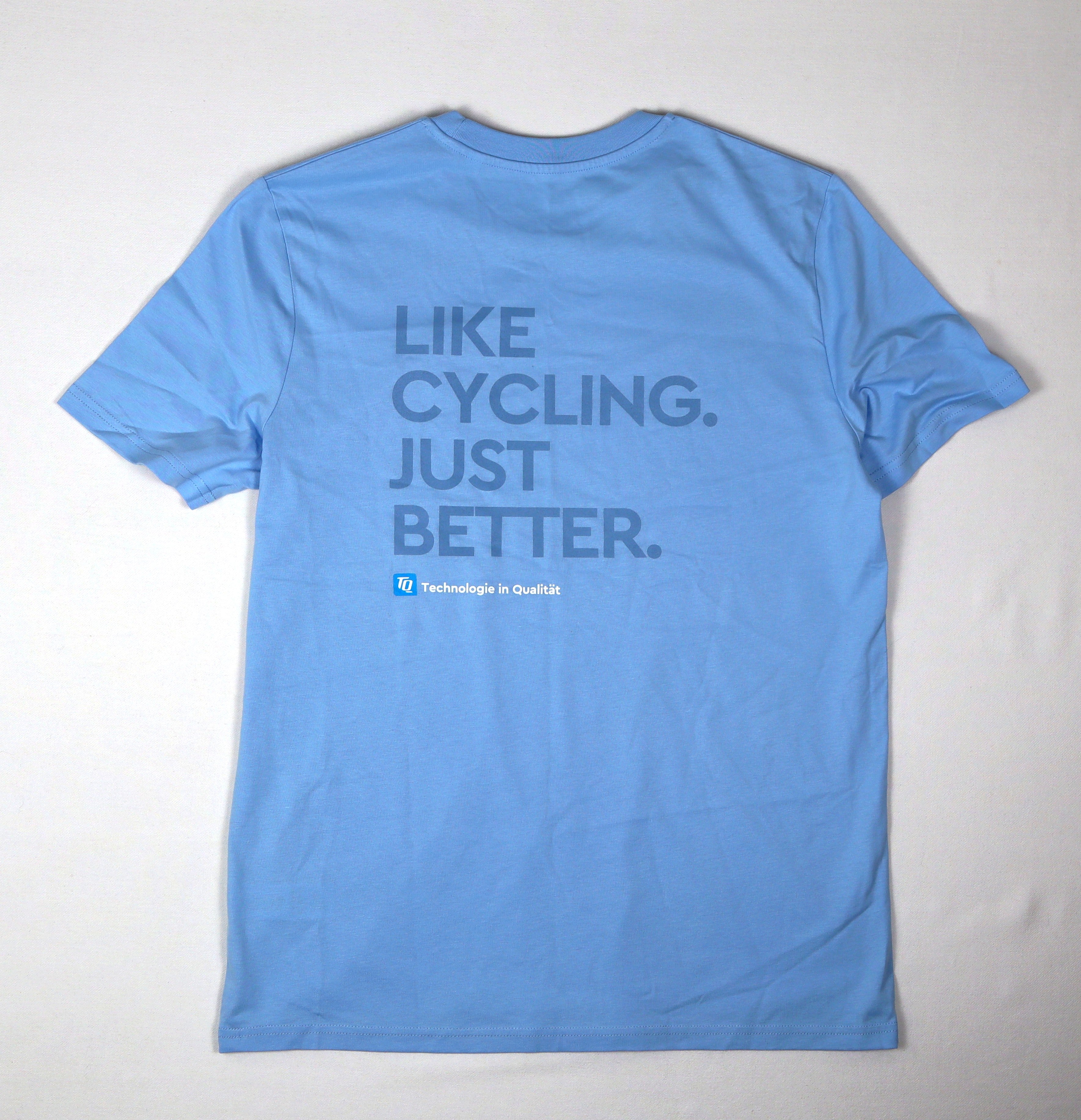 TQ heren T-shirt blauw achterkant met Like Cycling Just Better print
