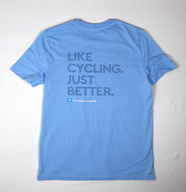 TQ heren T-shirt blauw achterkant met Like Cycling Just Better print