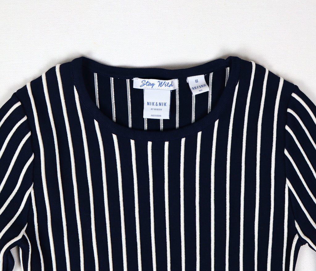 NIK&NIK meisjes jurk donkerblauw met witte verticale strepen lange mouwen