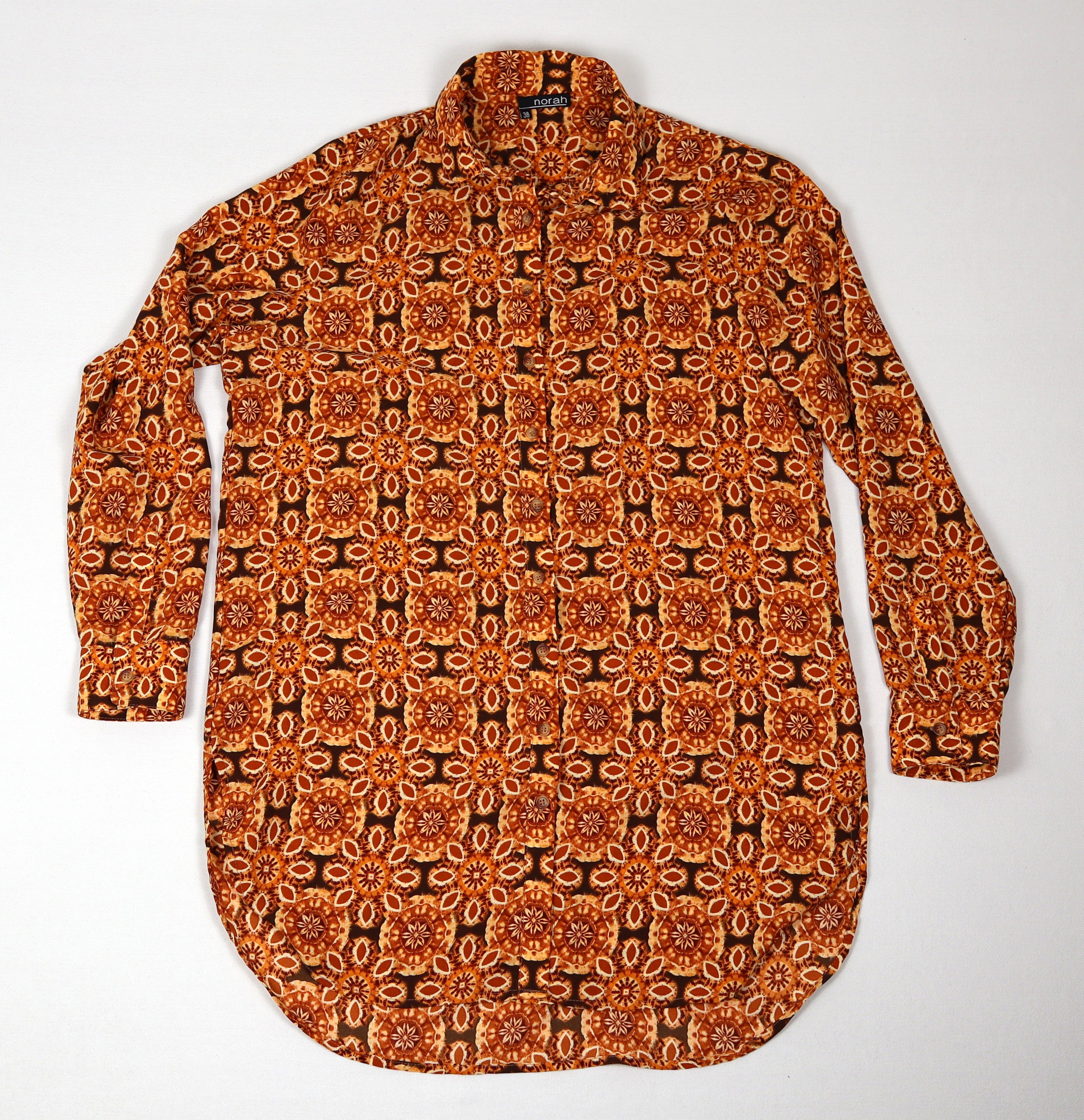 Norah dames blouse maat 38 bruin oranje print label detail