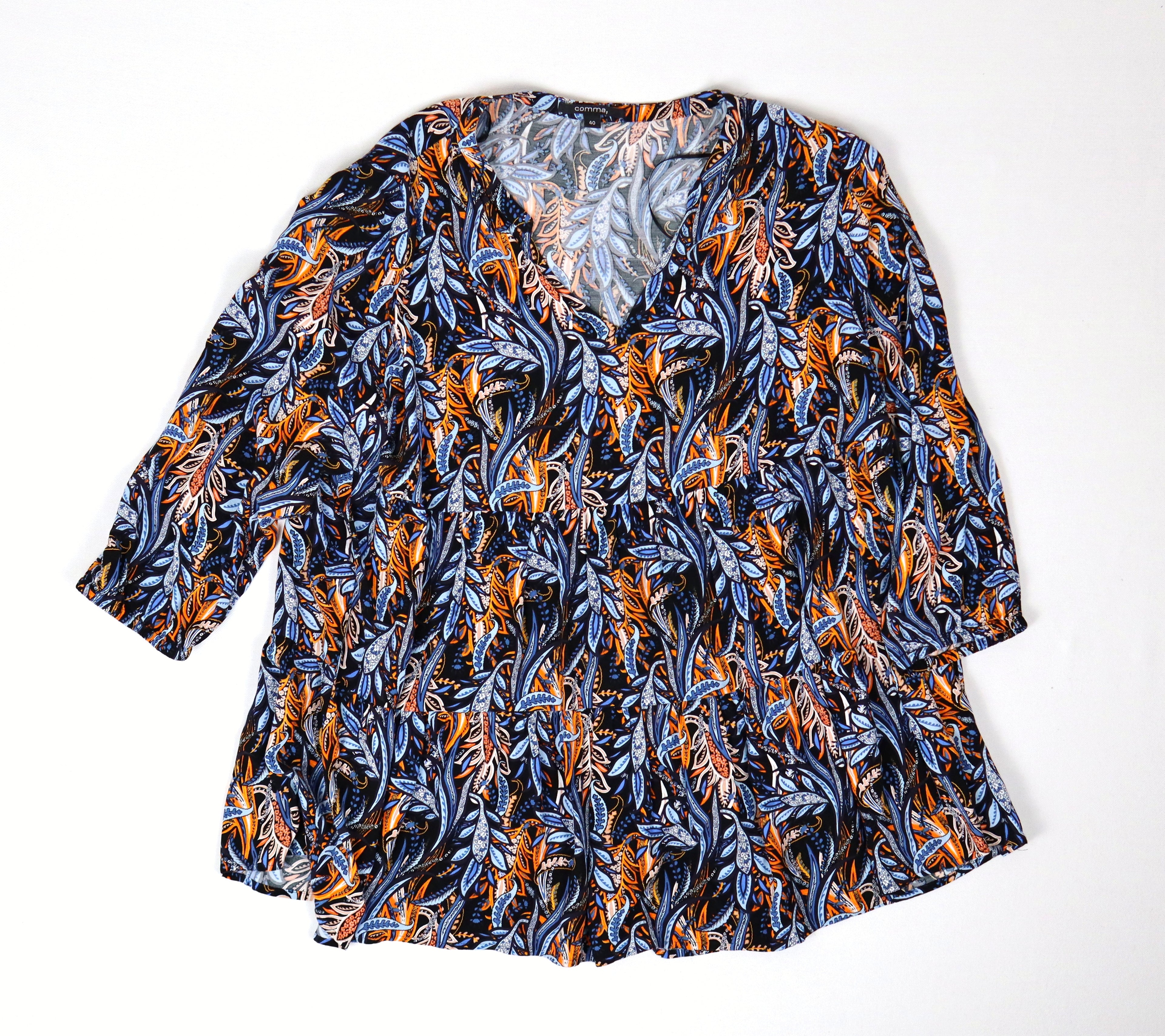 Comma dames blouse maat 40 blauw oranje bladprint met V-hals