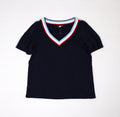 Donkerblauw shirt met V-hals en gestreepte boord maat 38