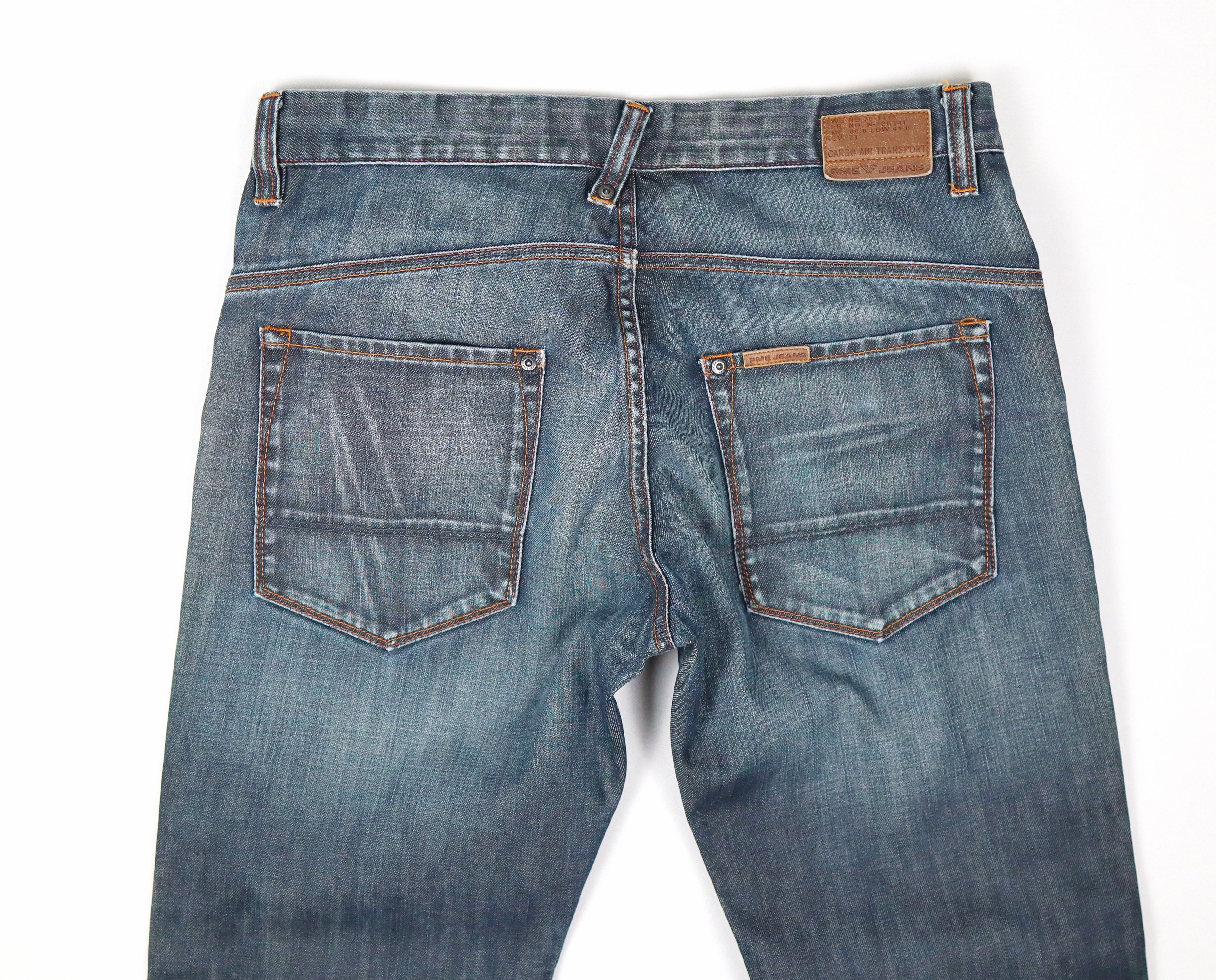 PME Jeans heren jeans donkerblauw detail used-look en oranje stiksels